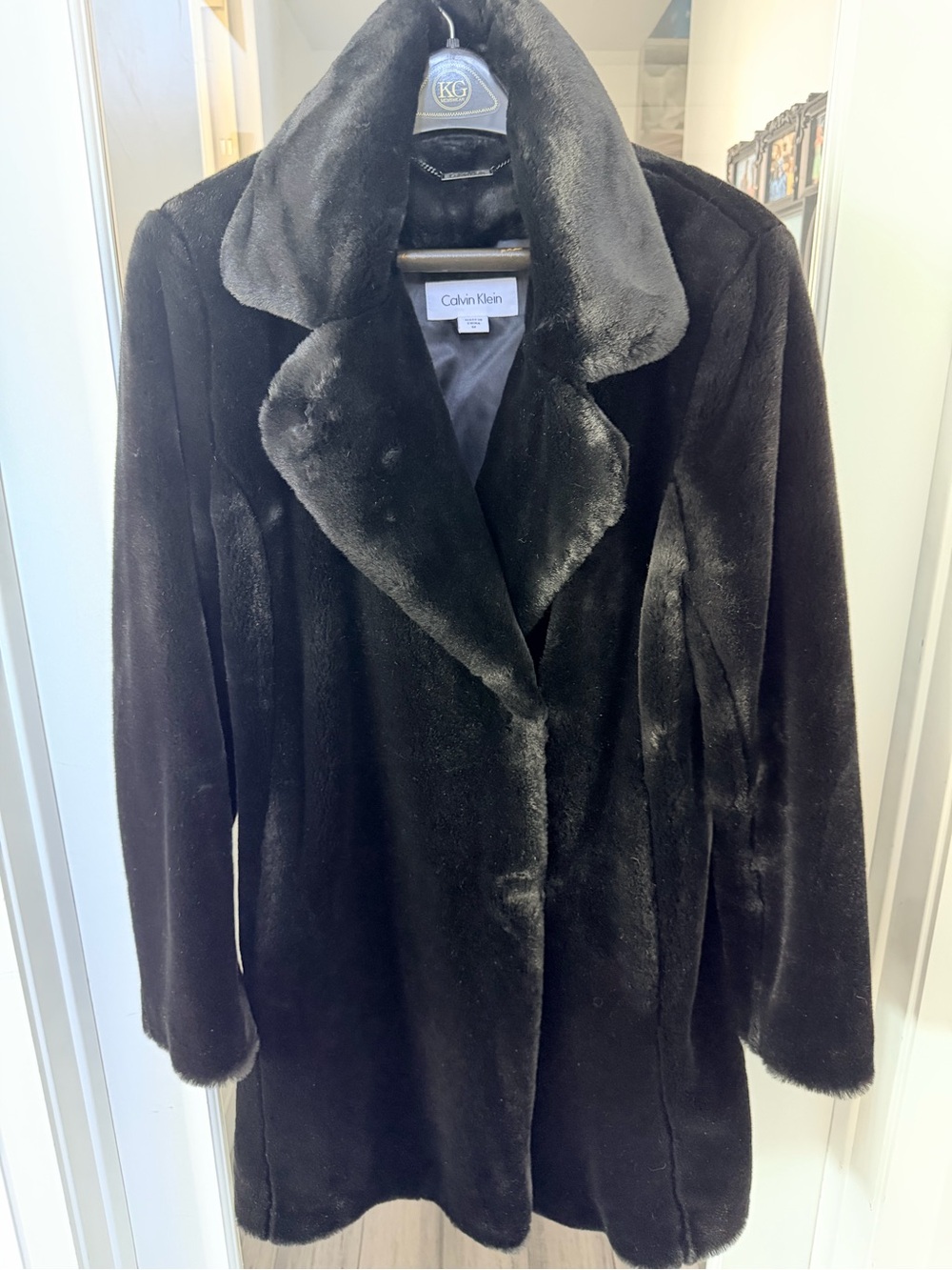 Calvin Klein Black Faux Fur Pea Coat with Plush Shawl Collar